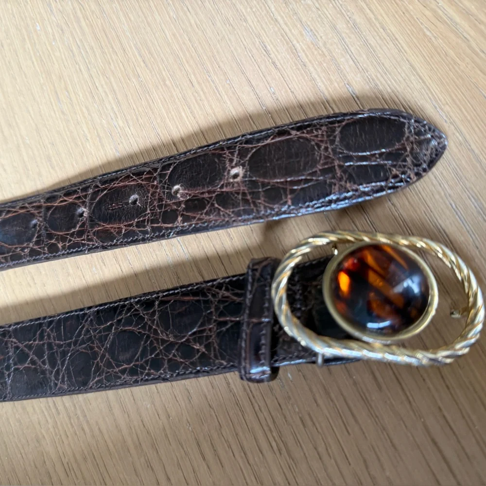 GUCCI VTG Crocodile Embossed Amber Jewel Brown Leather Belt Size Large